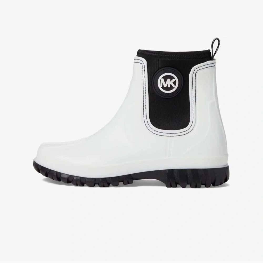 Michael Kors Tucker Optic White and Black PVC/Elastic Rain Bootie Boots - Picture 2 of 14